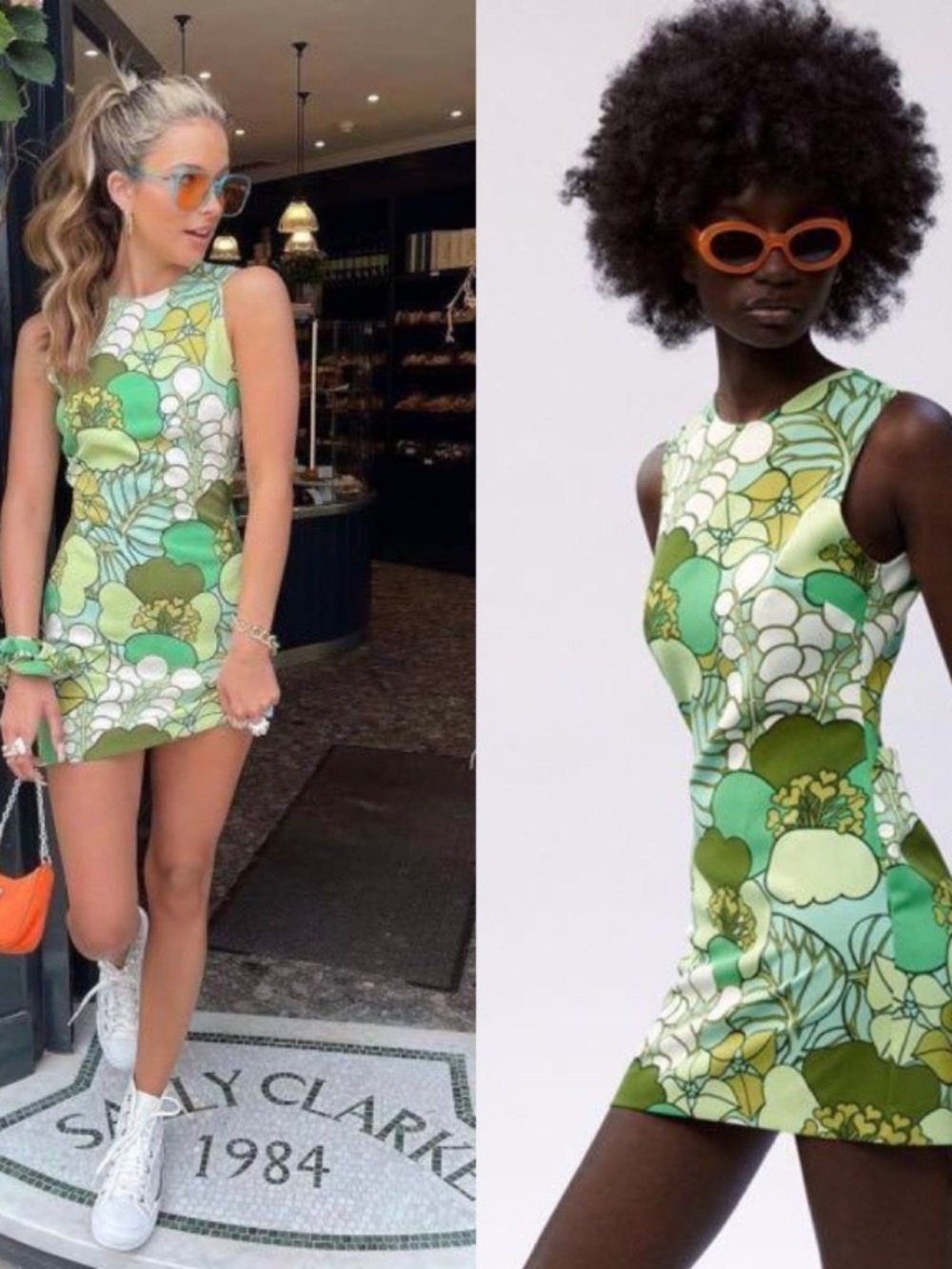 Zara - Sleeveless Green Floral Print Mini Dress
